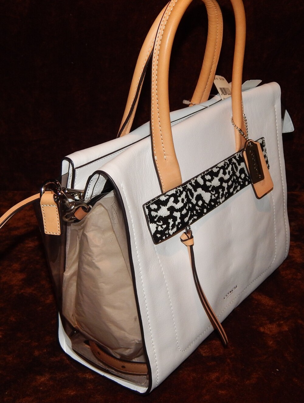 COACH White Leather Satchel with Tan Handles and Black Snakeskin Accent - Picture 2 of 2
